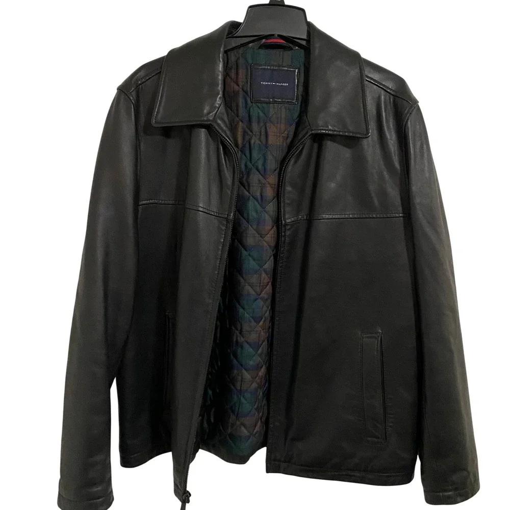 Tommy Hilfiger Leather Jacket Mens XL Black Bomber Preppy Quilted Plaid Lined